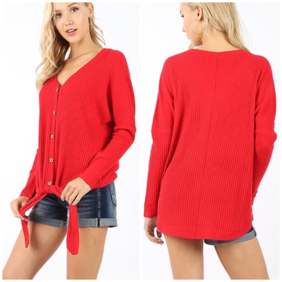 LAST Waffle Knit Knot Front Sweater - Blue 19011 - Picture 7 of 8